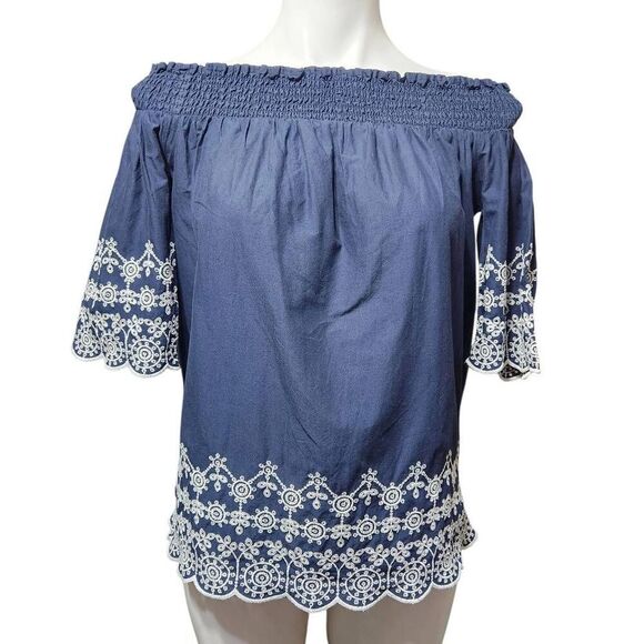 Abercrombie & Fitch vintage eyelet of shoulder top navy white small - Picture 2 of 10